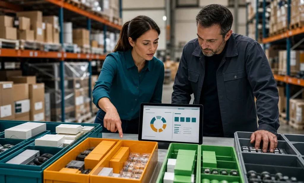 Equipo clasificando inventario por prioridad con tablero de datos