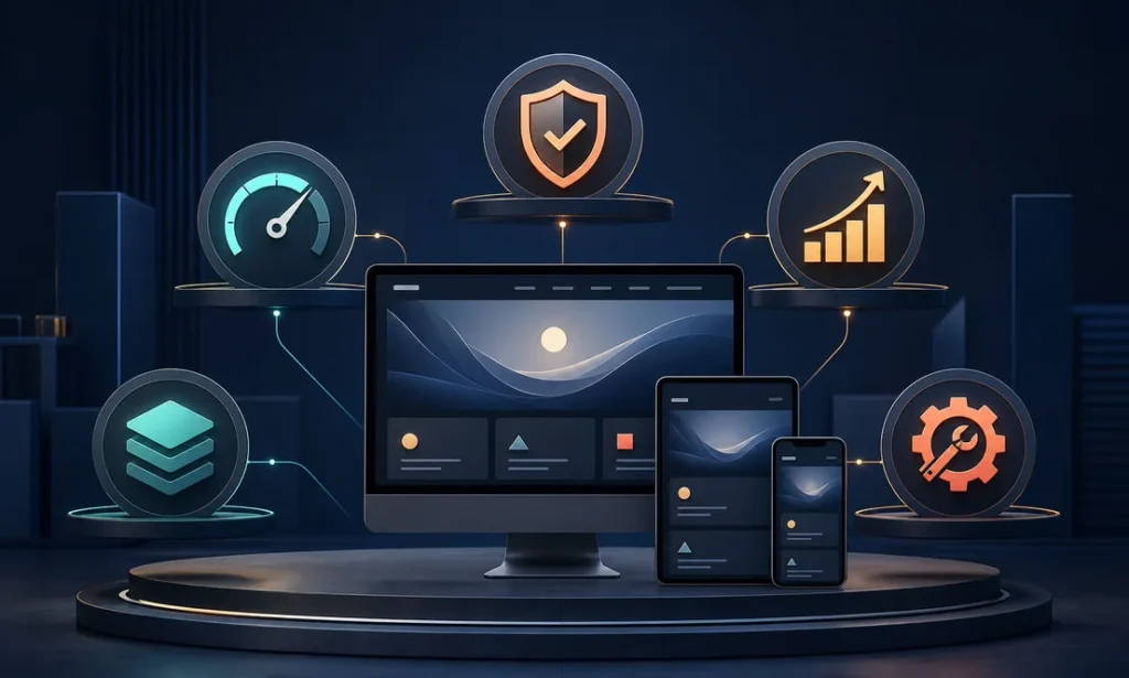 Sitio web responsivo conectado con beneficios de velocidad, seguridad, crecimiento, escalabilidad y mantenimiento