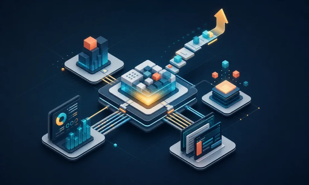 Custom software platform connecting business workflows, data, responsive interfaces, and scalable growth for companies in Texas