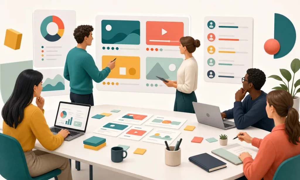 Equipo aprendiendo marketing digital con tableros de campana