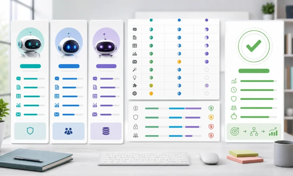 AI assistant comparison dashboard with two model columns, checklist, and approval panel