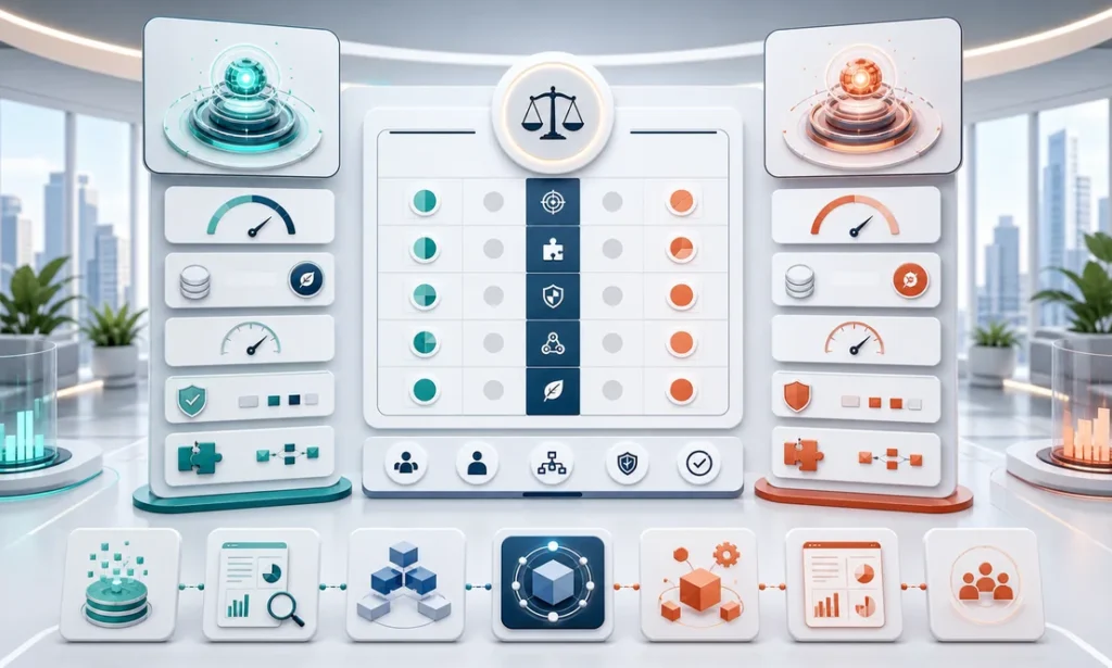 Comparativa de dos modelos de IA para negocios con matriz de decisión, capacidades, costos, seguridad e integración