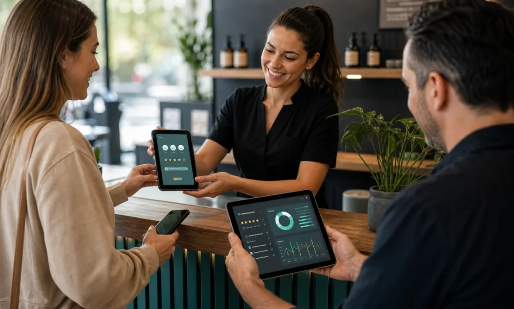 Negocio local gestionando resenas de clientes desde tablet y dashboard