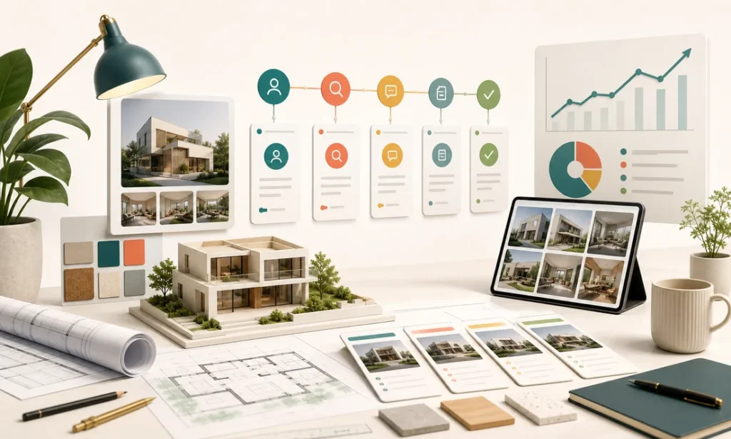 Estudio de arquitectura con embudo de clientes y portafolio digital
