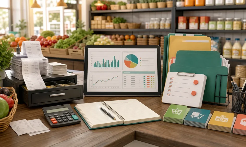 Contabilidad de tienda de abarrotes con recibos caja inventario gastos y folders