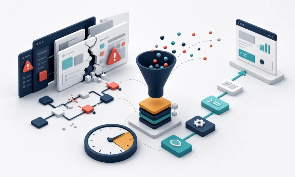Bad software cost workspace with broken application panels, warning signals, customer churn funnel, lost time clock, and remediation path