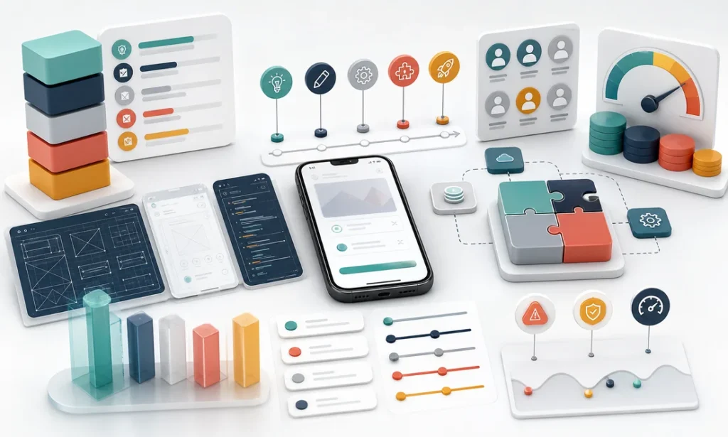 App development cost planning workspace with scope blocks, product screens, budget indicators, timeline steps, and risk controls