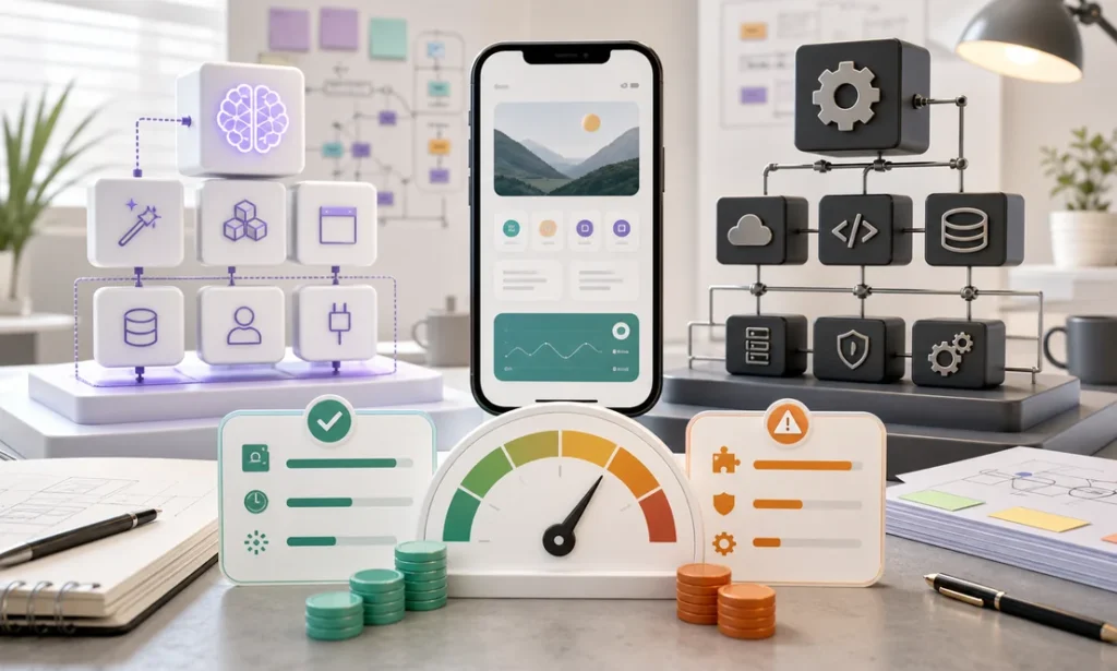 AI app development planning board with mobile prototype, budget gauge, and feature modules