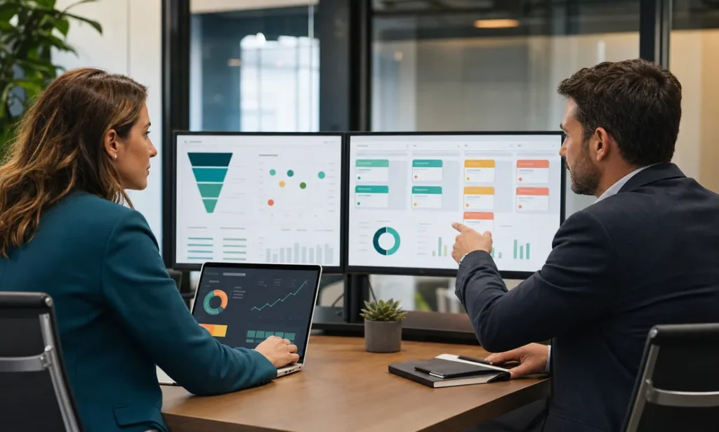 Equipo alineando CRM, marketing y ventas en tableros compartidos