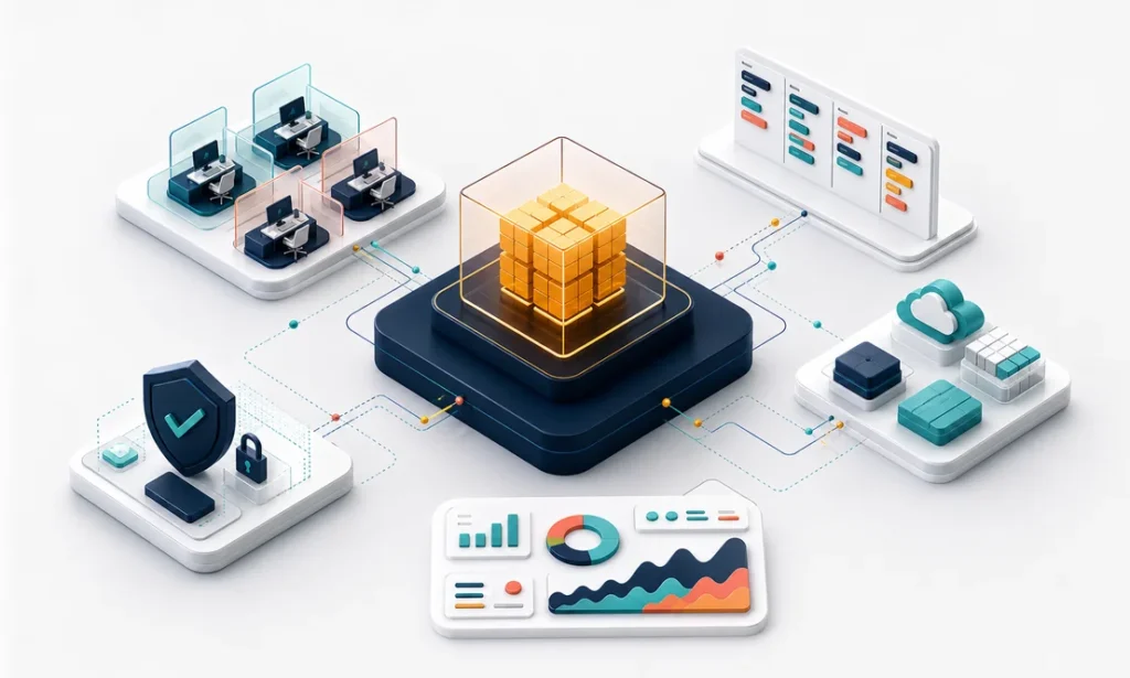 CTO outsourcing strategy workspace with protected product core, external delivery pods, cloud modules, security controls, and metrics