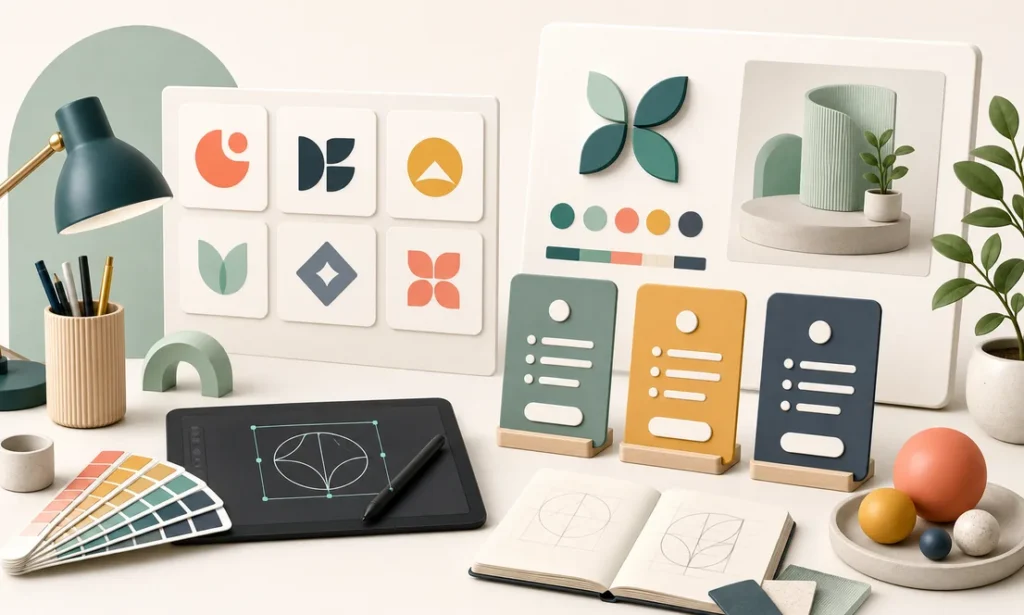 Mesa de diseno de marca con propuestas de logotipo y paleta visual