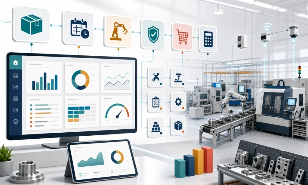 Manufacturing ERP workspace with production dashboard, inventory blocks, factory flow, planning modules, and analytics