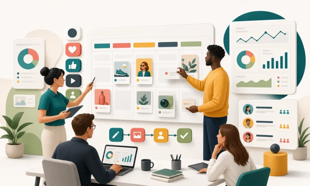 Equipo planeando estrategia de redes sociales para una empresa