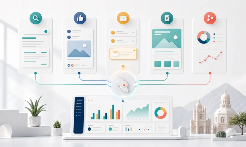 Canales de marketing digital integrados con busqueda, redes sociales, correo, contenido y analitica para empresas en Chihuahua