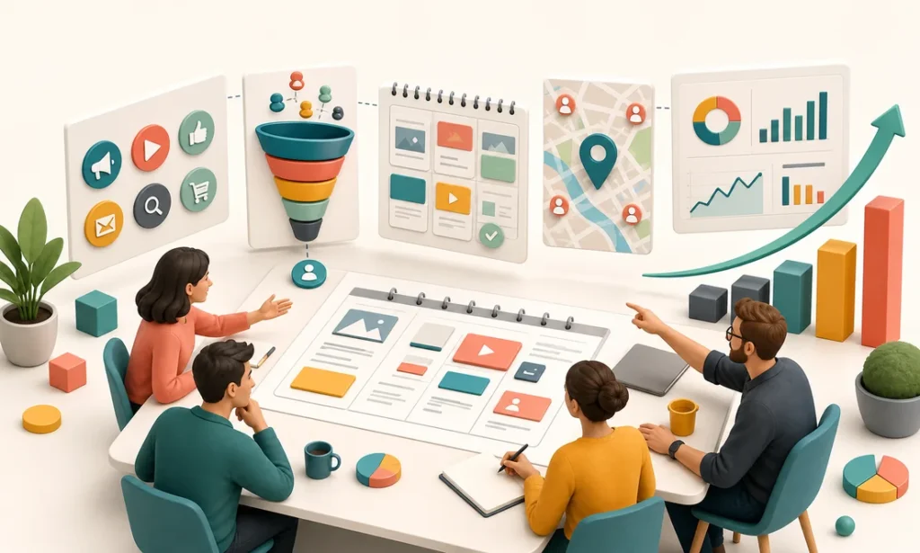 Mesa de estrategia con canales digitales para pequenas empresas