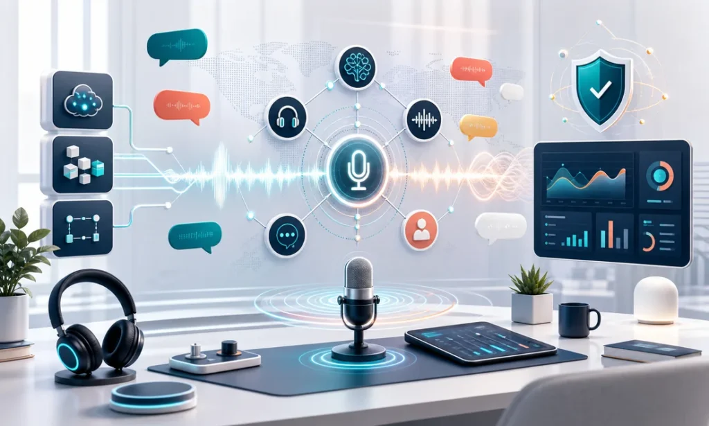 Real-time AI voice workspace with microphone, audio waveform, conversation nodes, privacy shield, and analytics dashboard