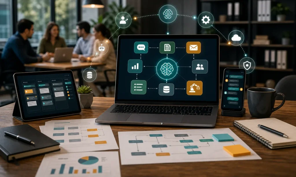 Herramientas de inteligencia artificial para empresas en una mesa de trabajo