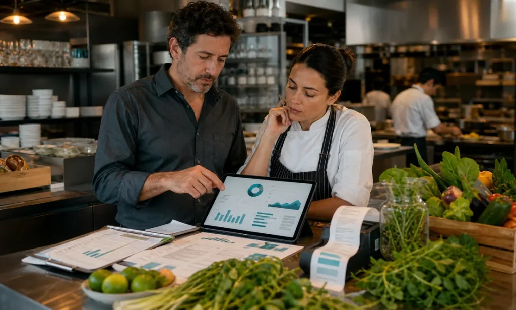 Dueno de restaurante revisando indicadores de costos mermas y ticket promedio