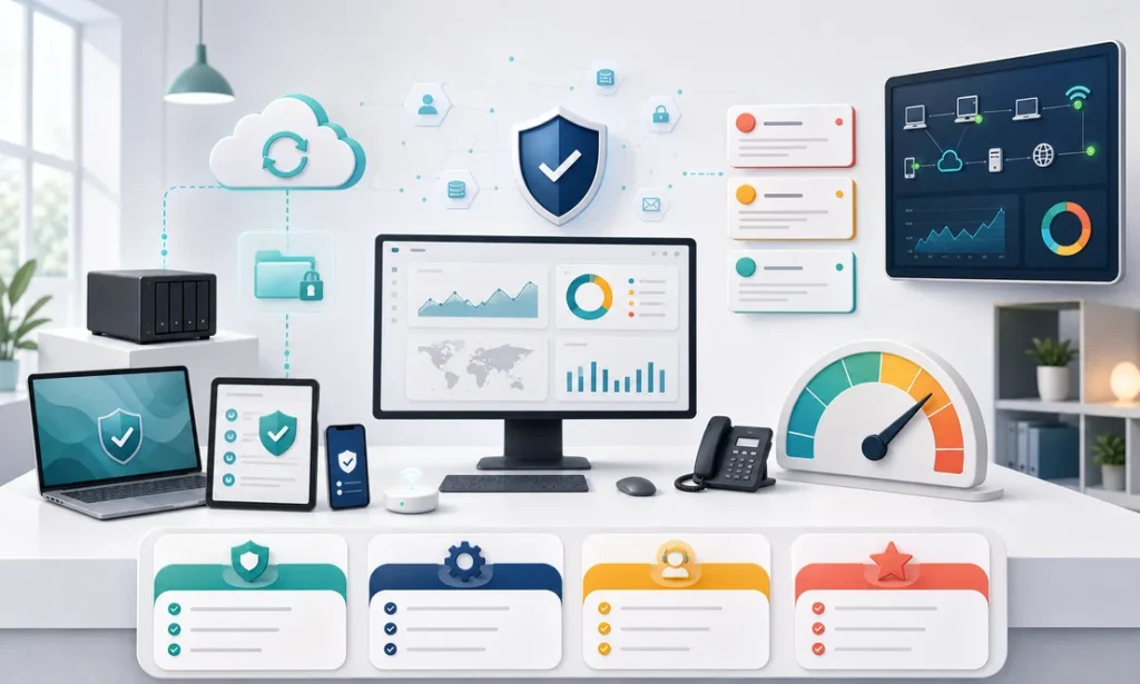 Small business IT services dashboard with devices, cloud backup, cybersecurity, helpdesk, and budget gauge