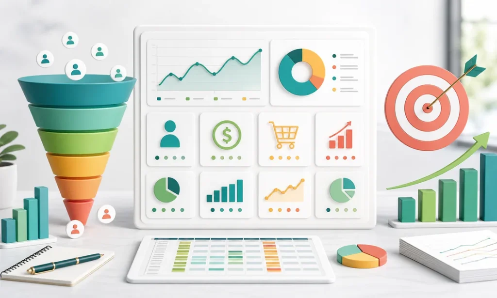 KPI de ventas con embudo tablero objetivo metricas y crecimiento comercial