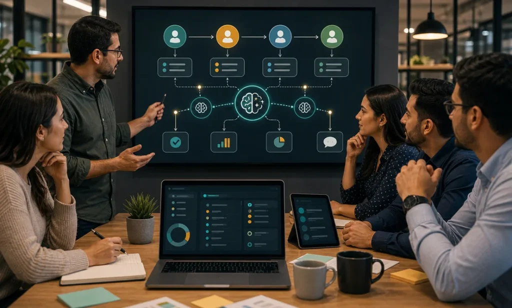Equipo discutiendo el impacto de la inteligencia artificial en el trabajo