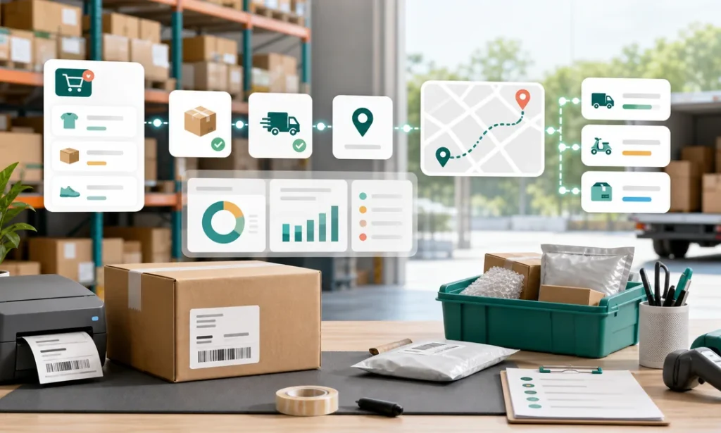 Logistica para ecommerce con paquetes rutas dashboard y opciones de envio