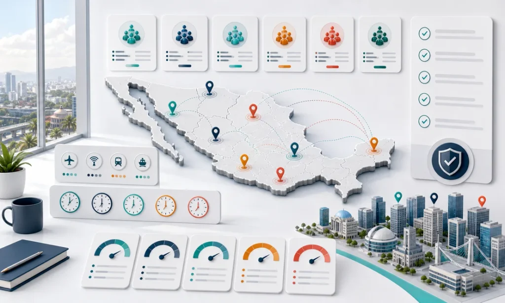 Mexico tech hub comparison workspace with city nodes, talent gauges, connectivity icons, and delivery readiness checks