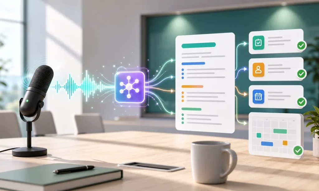 Minutas con IA a partir de audio de junta hacia documento tareas y calendario