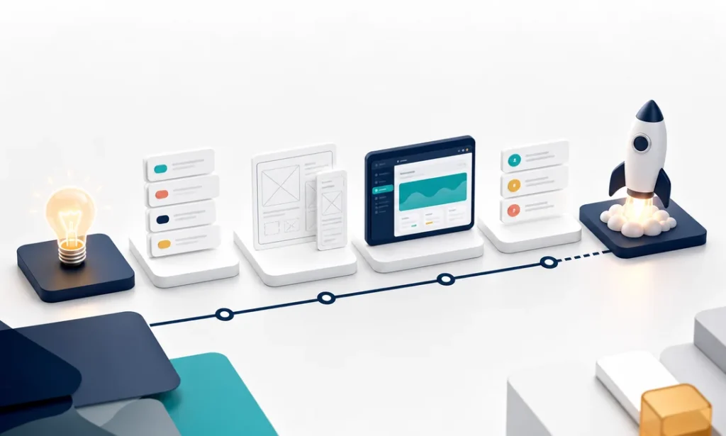 MVP development process from idea to launch with backlog, wireframes, prototype, feedback cards, and product release milestone