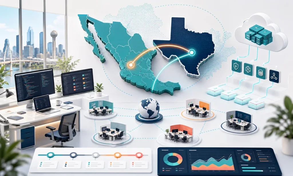 Nearshore software development workspace connecting Mexico and Texas teams with roadmap and cloud architecture