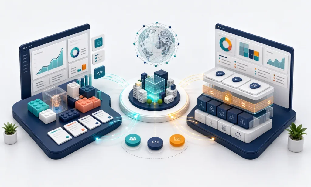 Nearshore delivery comparison for startups and enterprise with lean product pod, governance system, shared delivery hub, and dashboard modules