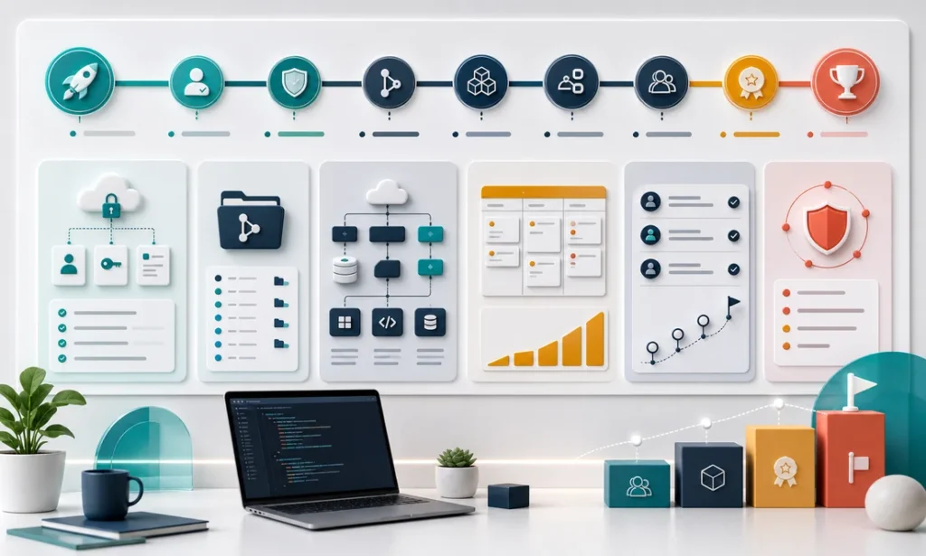 Developer onboarding timeline with access setup, repository, architecture, security, and delivery milestones