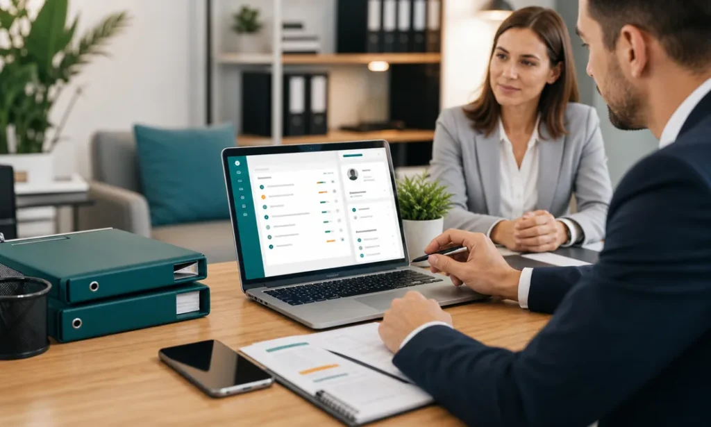 Agente de seguros mostrando una pagina web profesional a un cliente