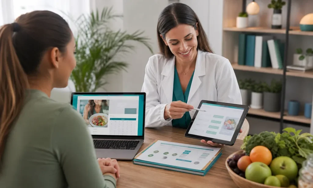 Nutriologa revisando agenda en linea y planes digitales con una clienta
