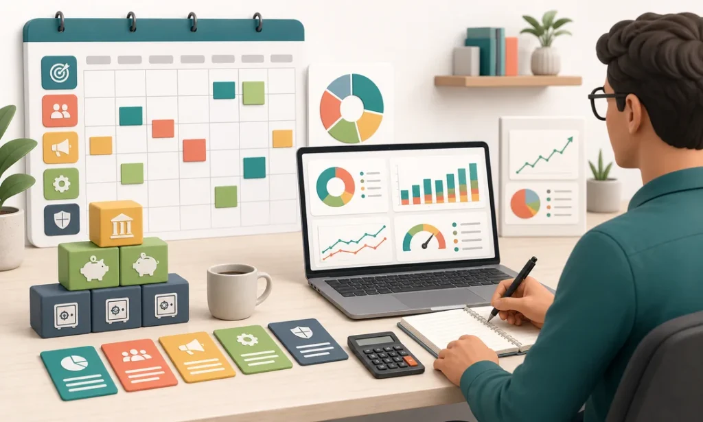 Planeacion de presupuesto anual para negocio con calendario y dashboard financiero
