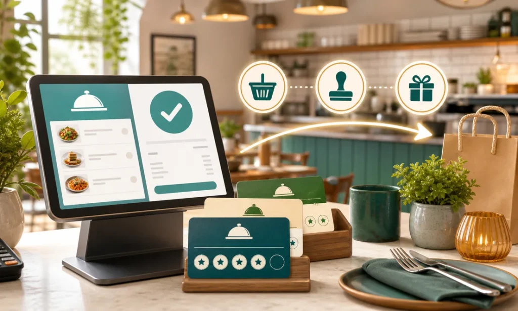 Programa de lealtad para restaurante con puntos recompensas y punto de venta