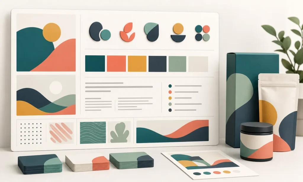 Sistema de identidad de marca con colores empaques y recursos visuales