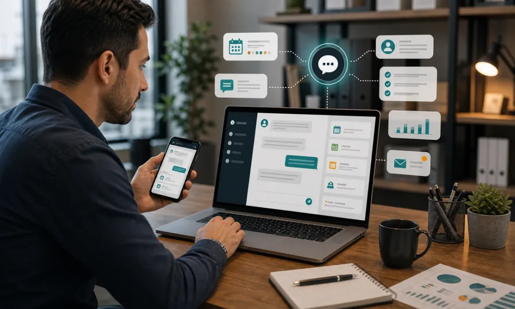 Asistente virtual con inteligencia artificial coordinando tareas de negocio