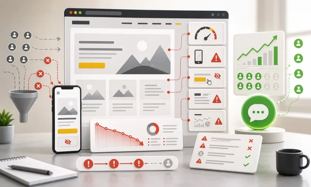 Auditoria visual de conversion web con perdida de clientes y oportunidades de contacto