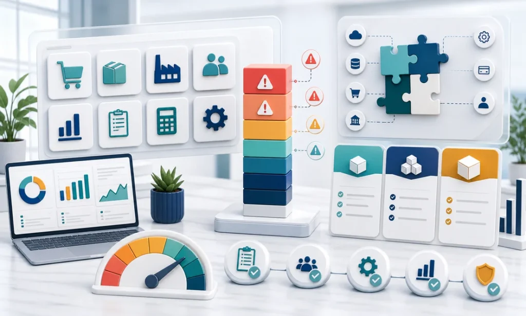 Small business ERP cost planning workspace with budget layers, modules, analytics, and implementation tradeoffs