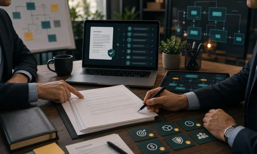 Software development contract review with product planning dashboards