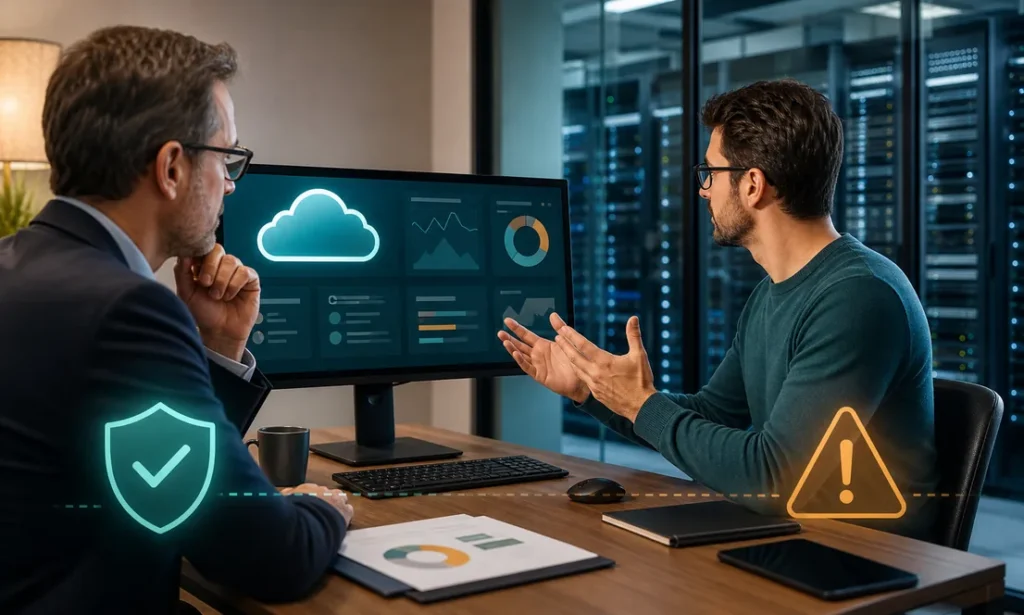 Consultor comparando software en la nube con servidor local y riesgos operativos