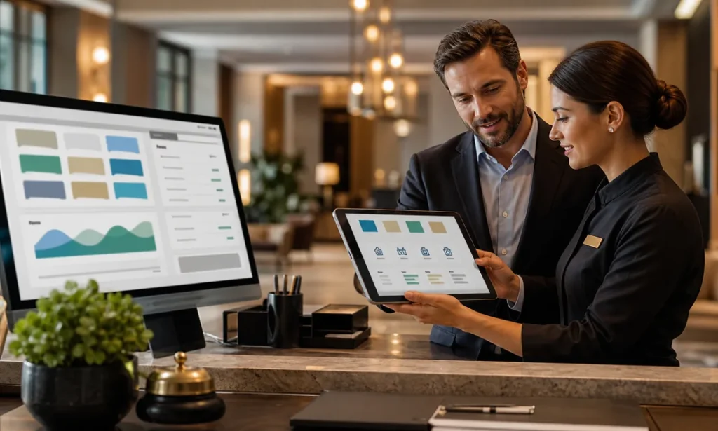 Personal de hotel revisando software de reservas y operaciones