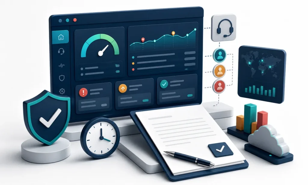 Software support and SLA workspace with reliability dashboard, incident timeline, ticket priorities, response clock, and contract document
