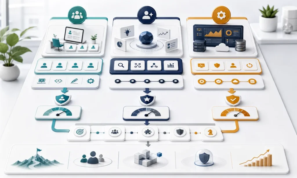 Three service model lanes comparing staff augmentation, consulting, and managed software services