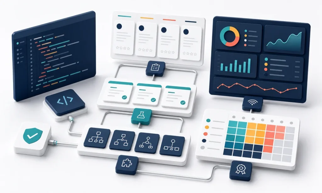 Developer vetting system with code evaluation panels, interview scorecards, test modules, architecture challenge tiles, and signal dashboard