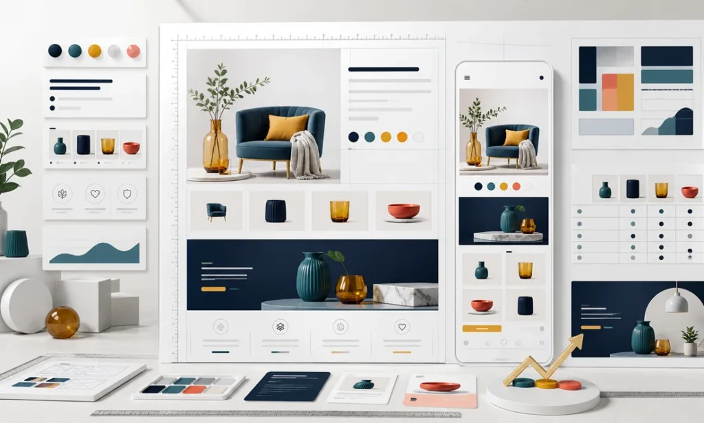 Enhanced ecommerce content design workspace with modular product imagery, comparison layouts, mobile formats, and conversion results