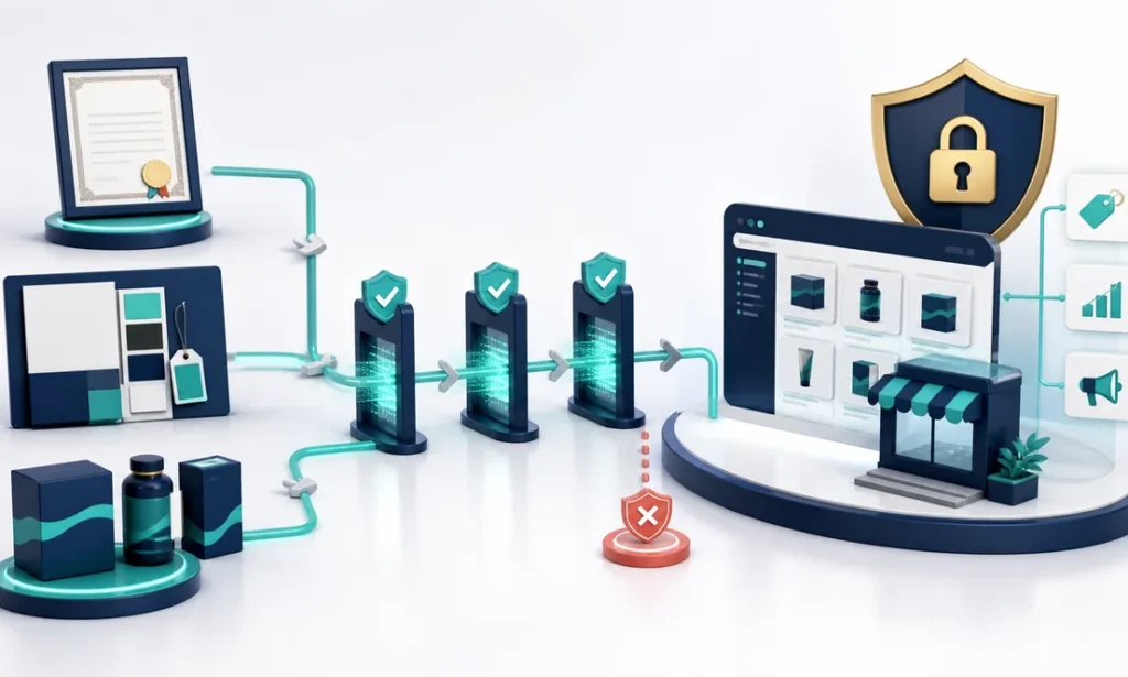 Brand registry requirements moving through verification into a protected catalog, storefront, and marketing tools