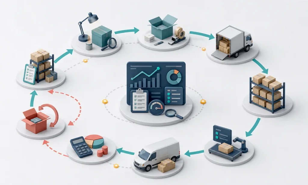 Realistic marketplace fulfillment cycle covering preparation, inbound shipping, storage, orders, fees, returns, and replenishment