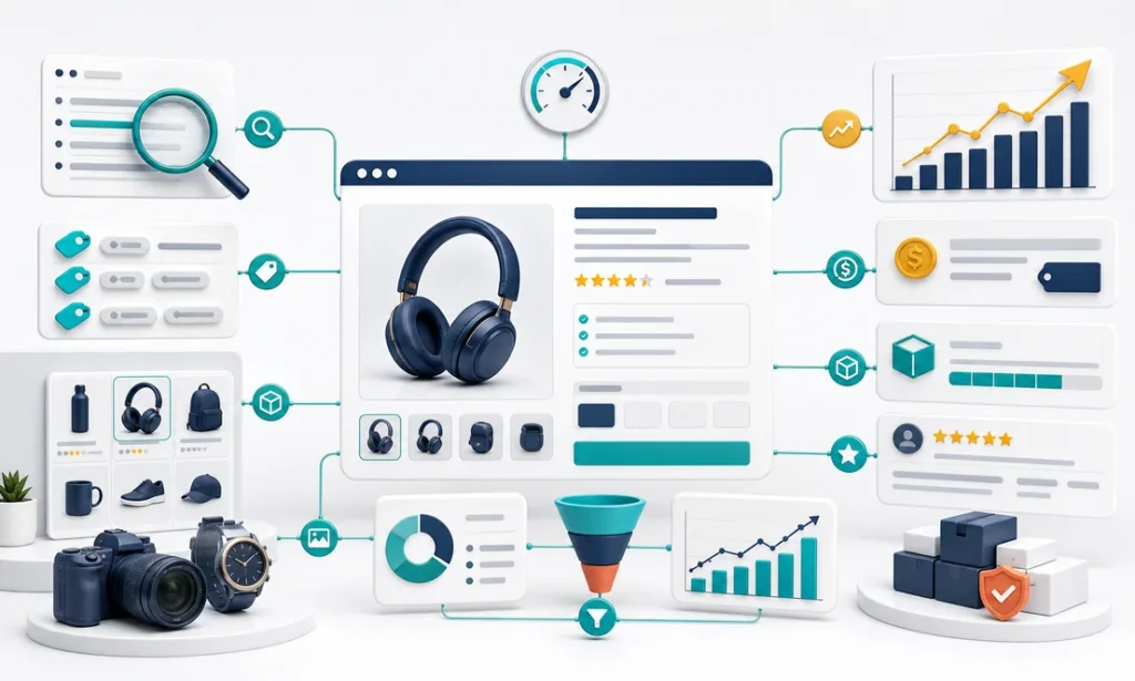 Marketplace listing optimization connecting product images, search discovery, pricing, inventory, reviews, ranking, and conversion